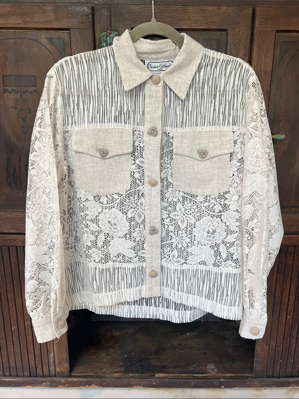 Vintage Cream Lace-Panel Button-Up Jacket - Saint Germain Paris